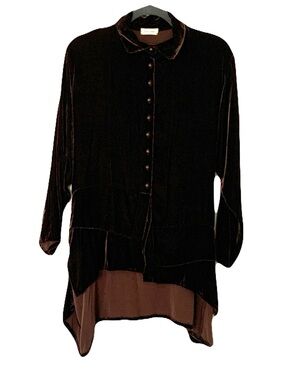 Krista Larson OS Deep Brown Velvet Asymmetric Hem Silk Blend Top Lagenlook Artsy